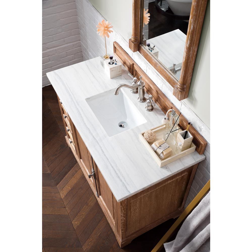 Providence 48" Driftwood Single Vanity w/ 3 CM Arctic Fall Solid Surface Top. Picture 3
