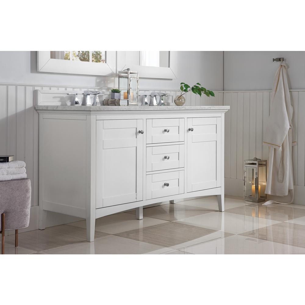 Palisades 60" Double Vanity, Bright White w/ 3 CM Arctic Fall Solid Surface Top. Picture 6
