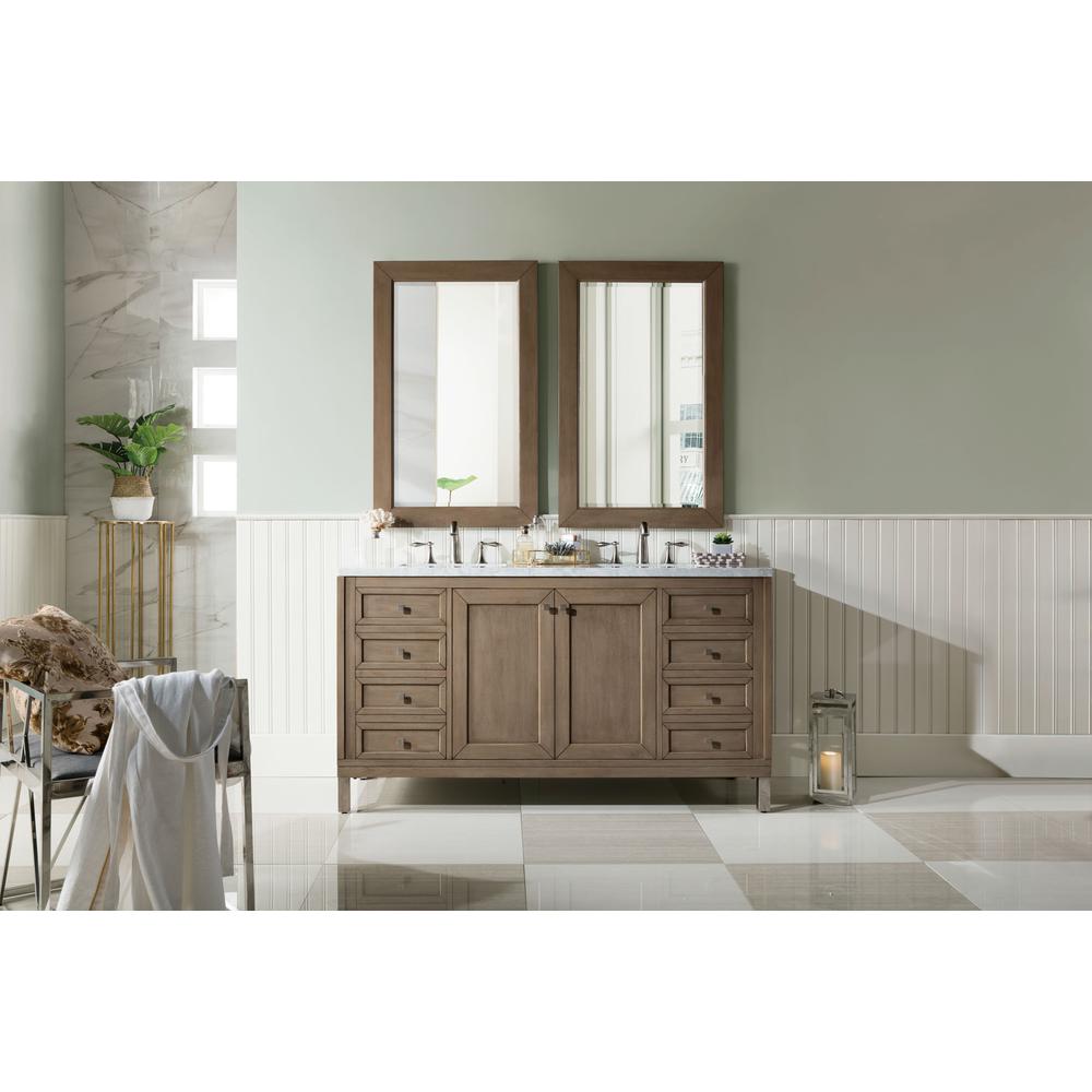 Chicago 60" Double Vanity, Whitewashed Walnut w/ 3 CM Carrara Marble Top. Picture 2