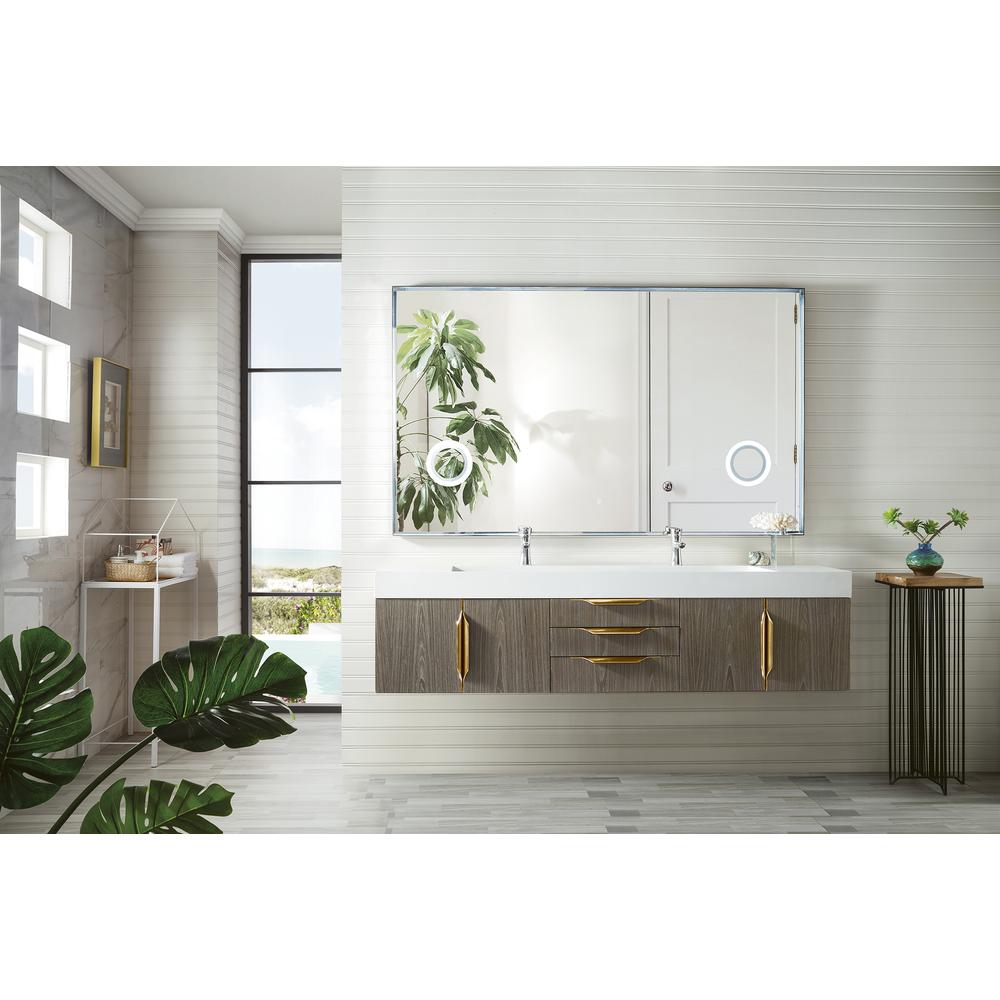 72" Double Vanity, Ash Gray, Radiant Gold w/ Glossy White Composite Top. Picture 2