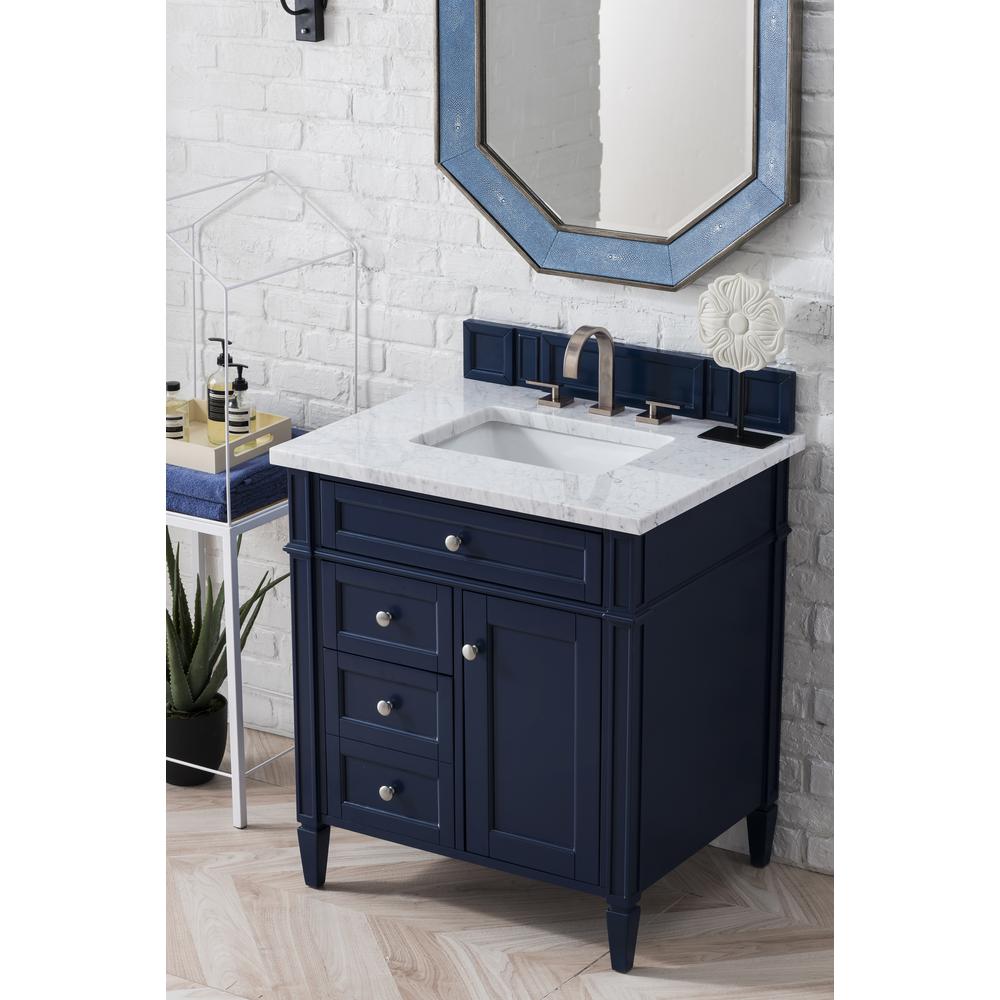 Brittany 30" Single Vanity, Victory Blue w/ 3 CM Carrara Marble Top. Picture 3