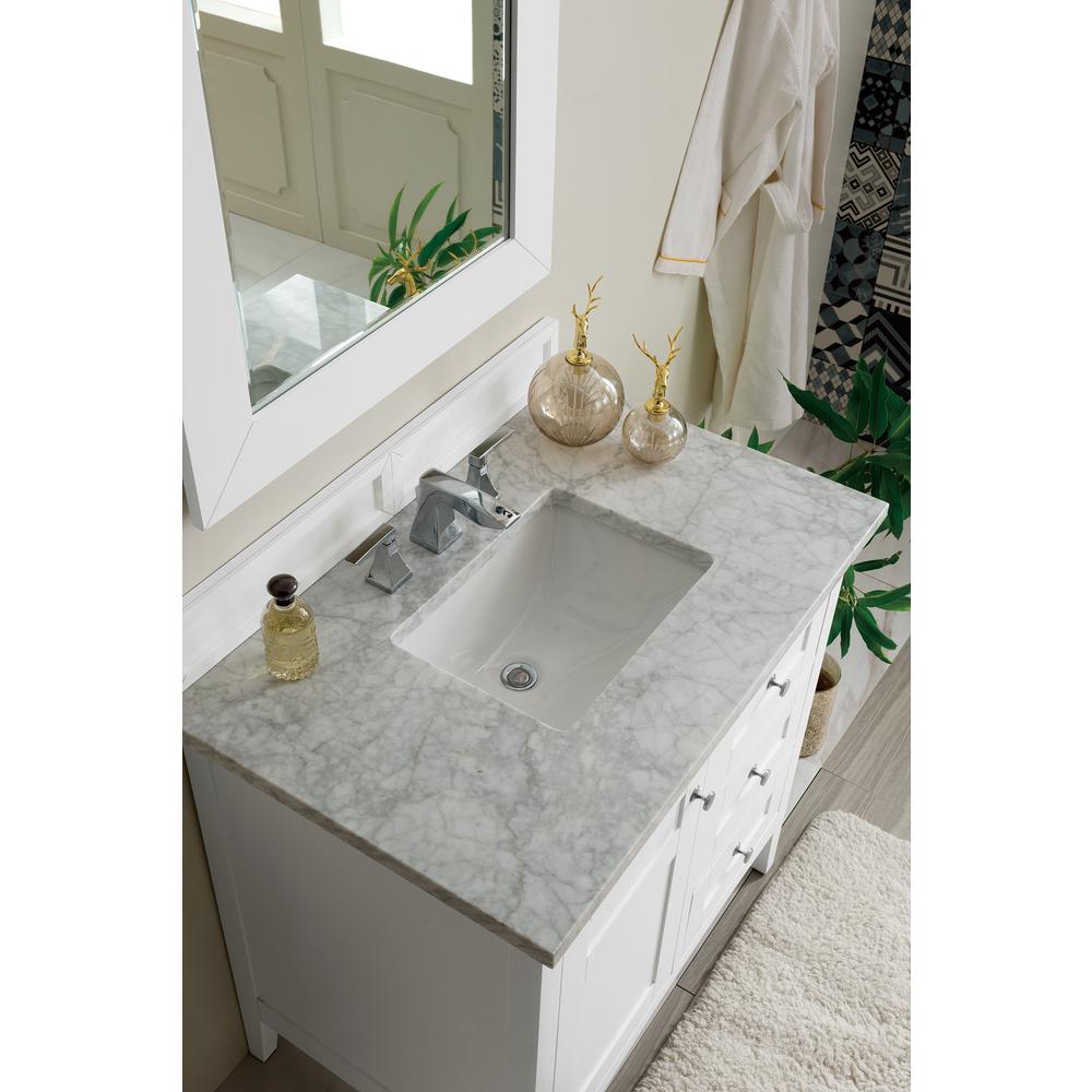 Palisades 36" Single Vanity, Bright White w/ 3 CM Carrara Marble Top. Picture 2