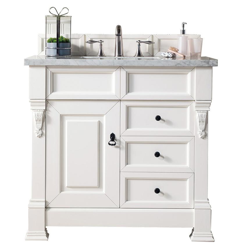 Brookfield 36" Single Vanity, Bright White w/ 3 CM Carrara Marble Top. Picture 1
