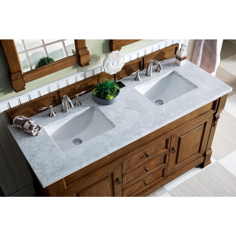 Brookfield 60" Double Vanity, Country Oak w/ 3 CM Carrara Marble Top. Picture 5