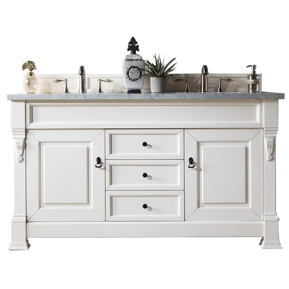Brookfield 60" Double Vanity, Bright White w/ 3 CM Carrara Marble Top. Picture 1