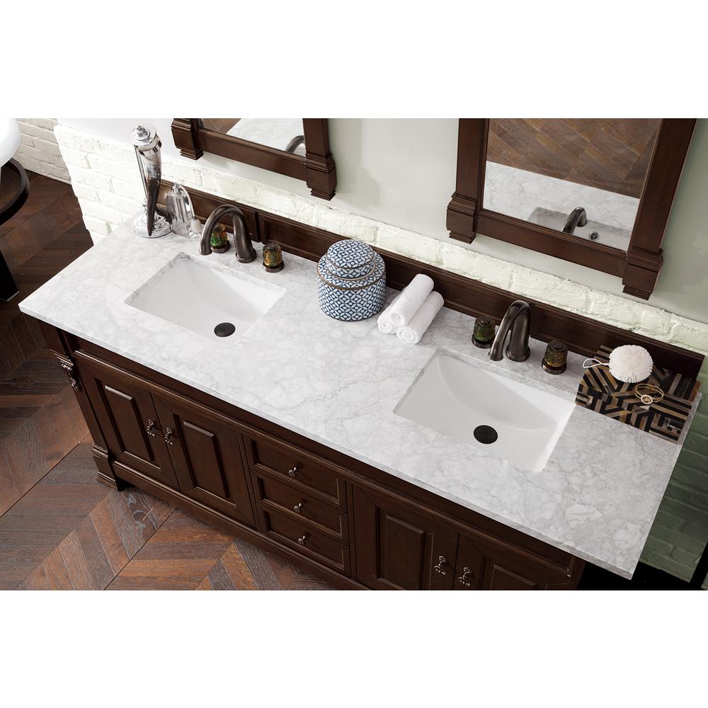 Brookfield 72" Double Vanity, Burnished Mahogany w/ 3 CM Carrara Marble Top. Picture 5