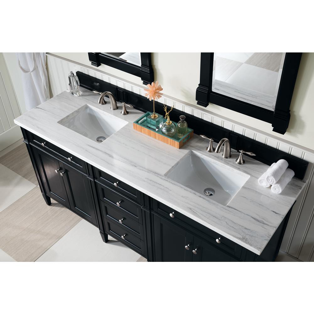 Brittany 72" Black Onyx Double Vanity w/ 3 CM Arctic Fall Solid Surface Top. Picture 3