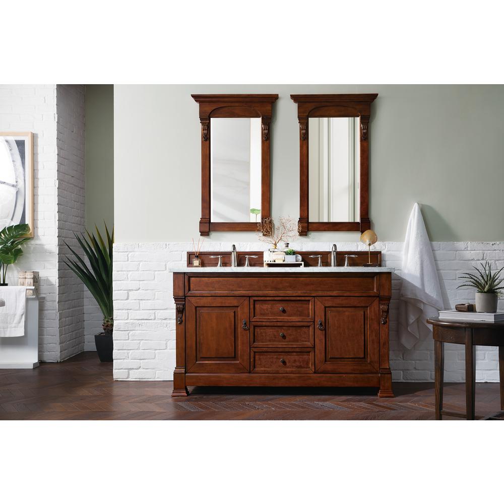 Brookfield 60" Double Vanity, Warm Cherry w/ 3 CM Carrara Marble Top. Picture 2