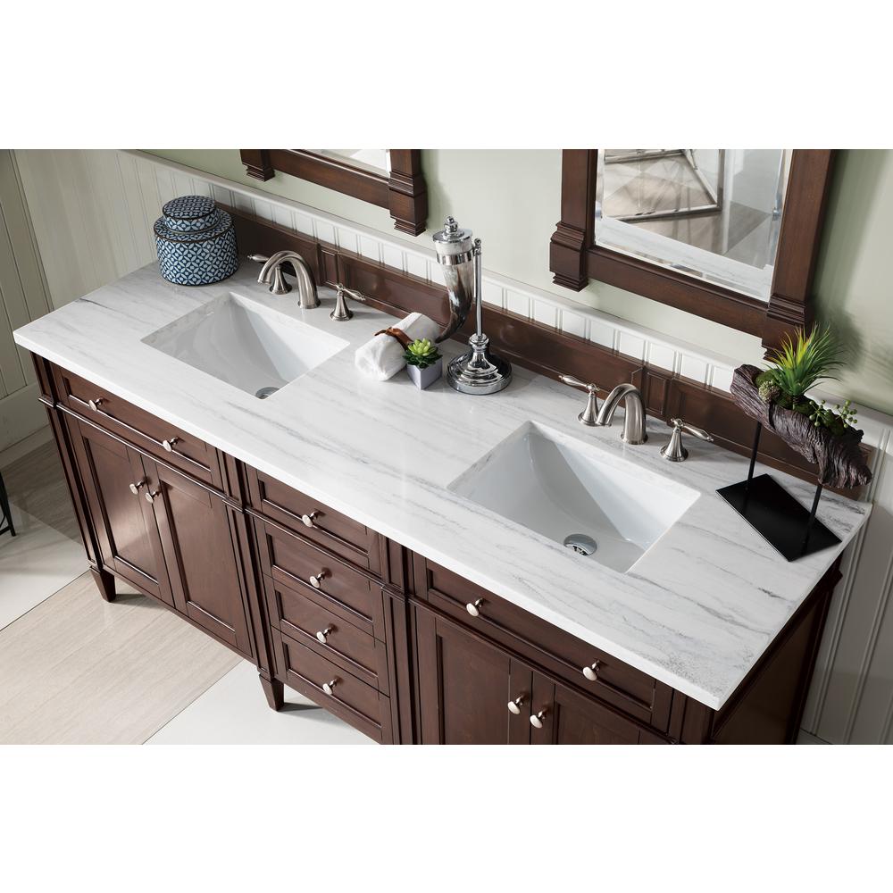 72" Burnished Mahogany Double Vanity w/ 3 CM Arctic Fall Solid Surface Top. Picture 3