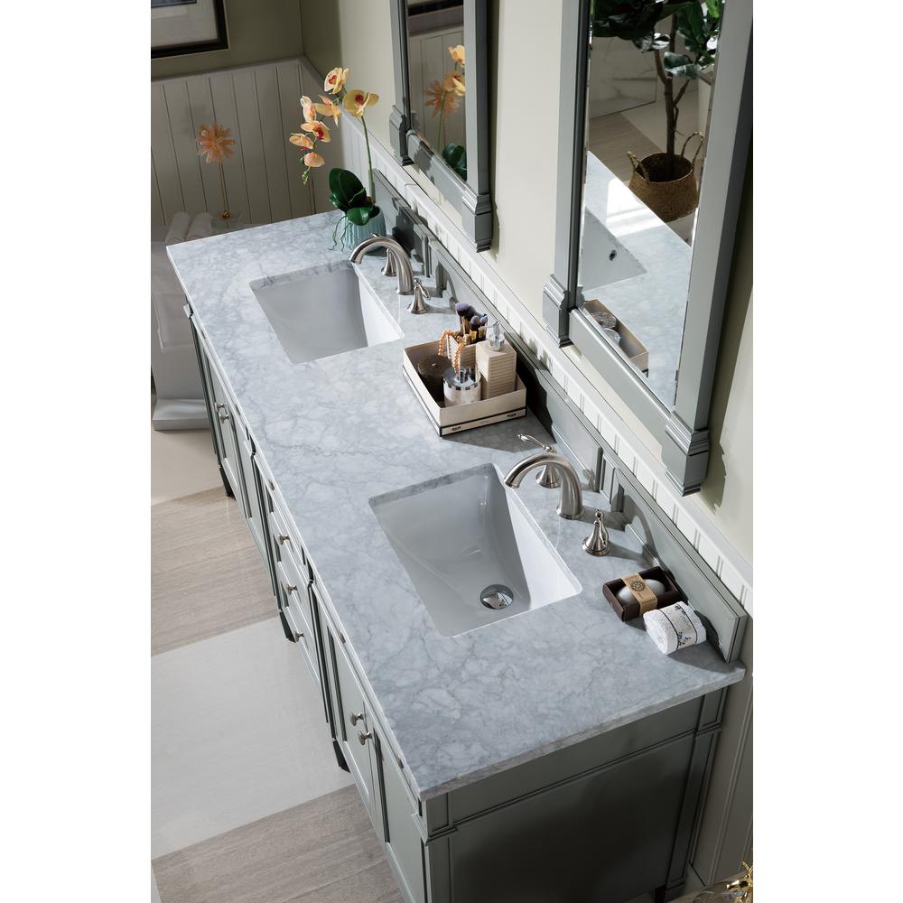 Brittany 72" Urban Gray Double Vanity w/ 3 CM Carrara Marble Top. Picture 5