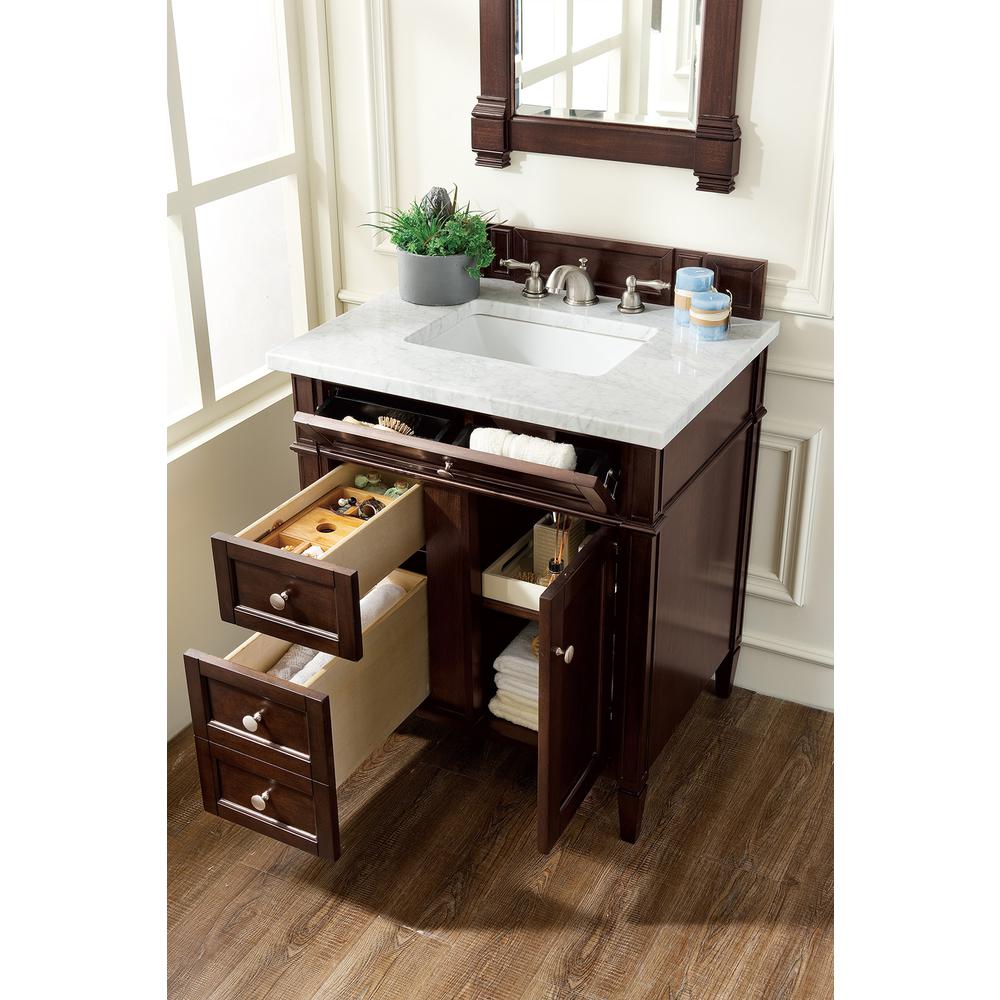 Brittany 30" Single Vanity, Burnished Mahogany w/ 3 CM Carrara Marble Top. Picture 4