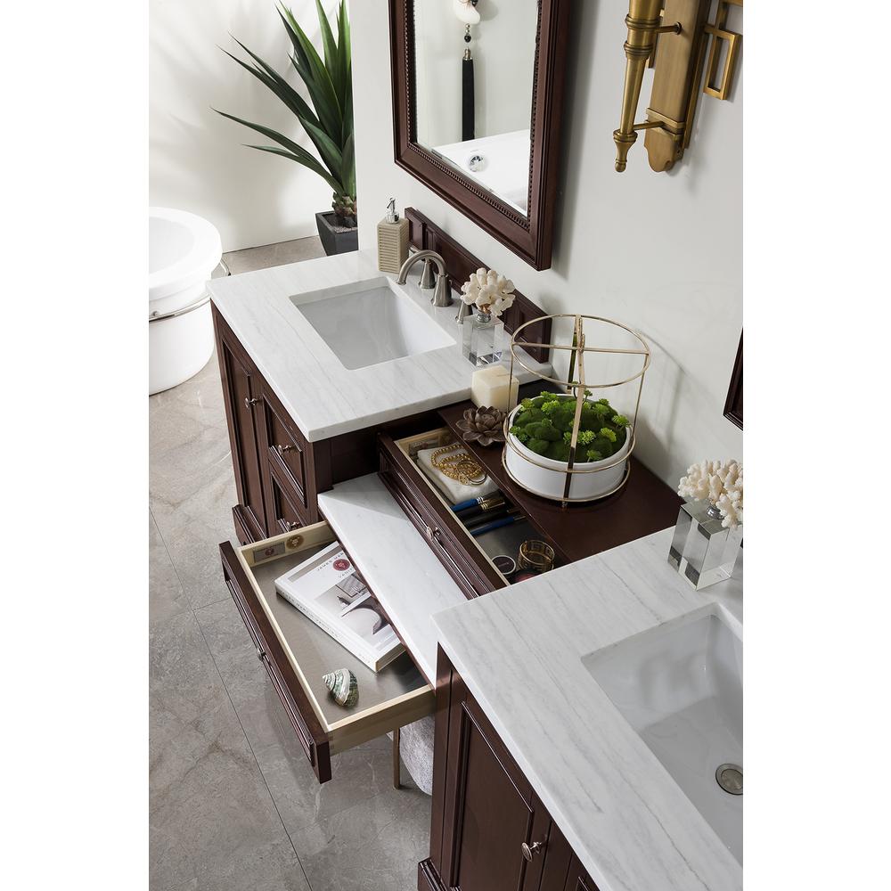 82" Double Vanity Set, Burnished Mahogany w/ Makeup Table, Solid Surface Top. Picture 8