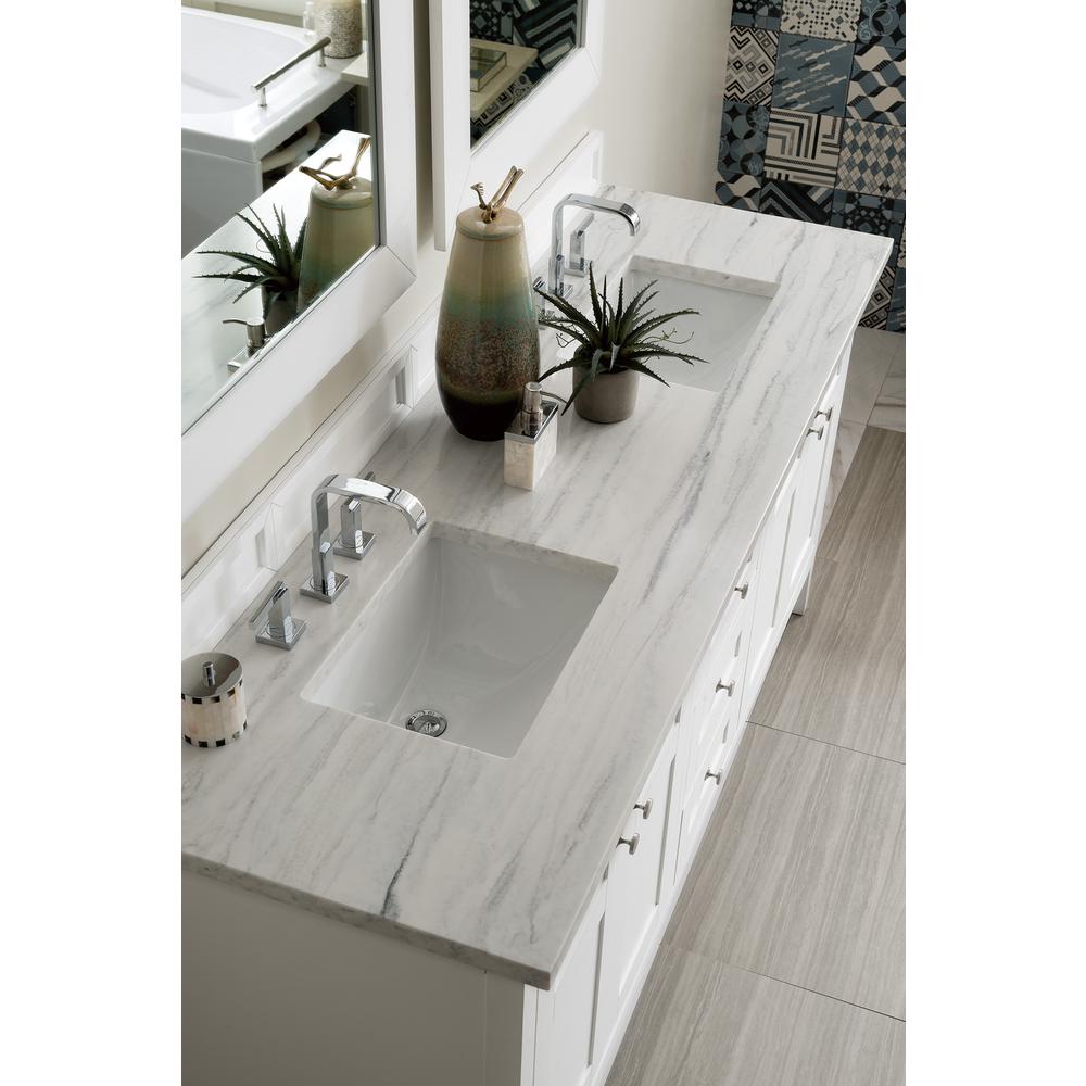 Palisades 72" Double Vanity, Bright White w/ 3 CM Arctic Fall Solid Surface Top. Picture 2