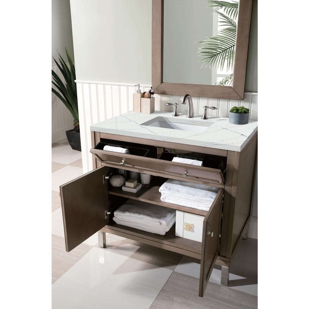 Chicago 36" Single Vanity, Whitewashed Walnut w/ 3 CM Ethereal Noctis Quartz Top. Picture 4