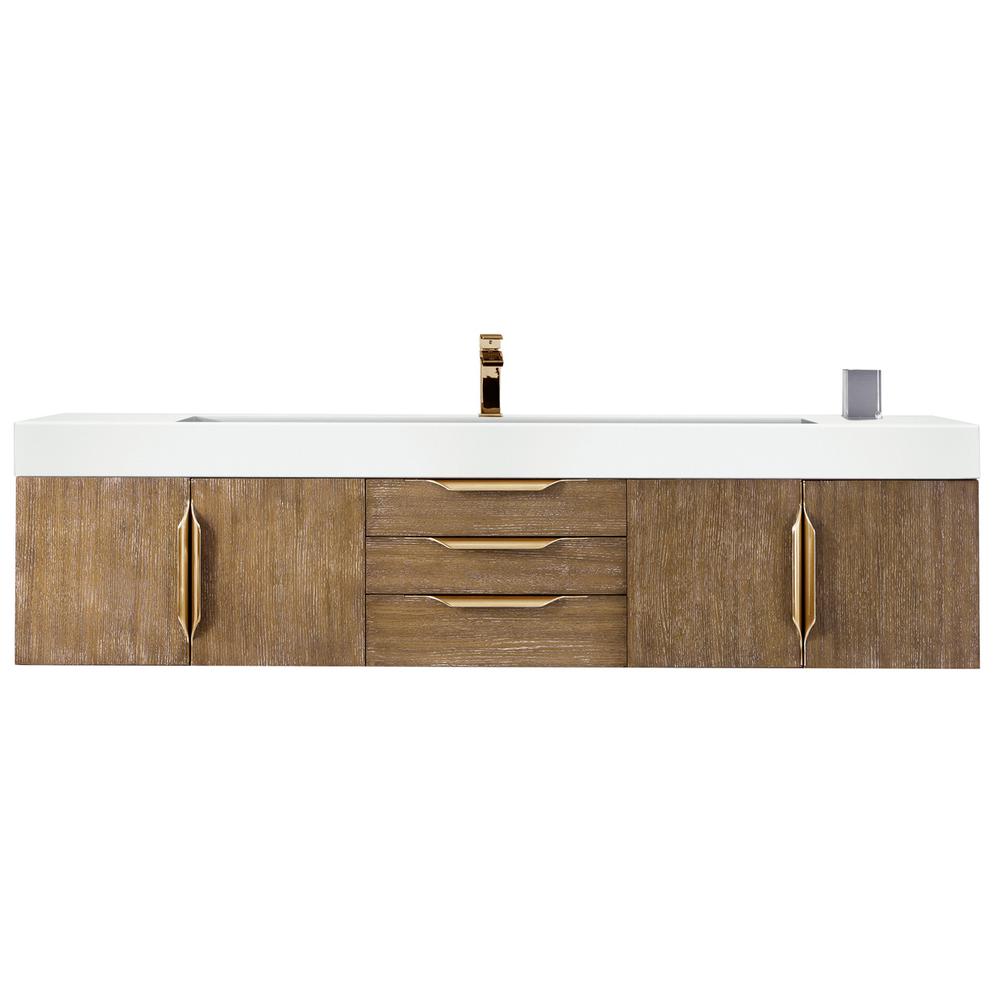 72" Single Vanity, Latte Oak, Radiant Gold w/ Glossy White Composite Top. Picture 1