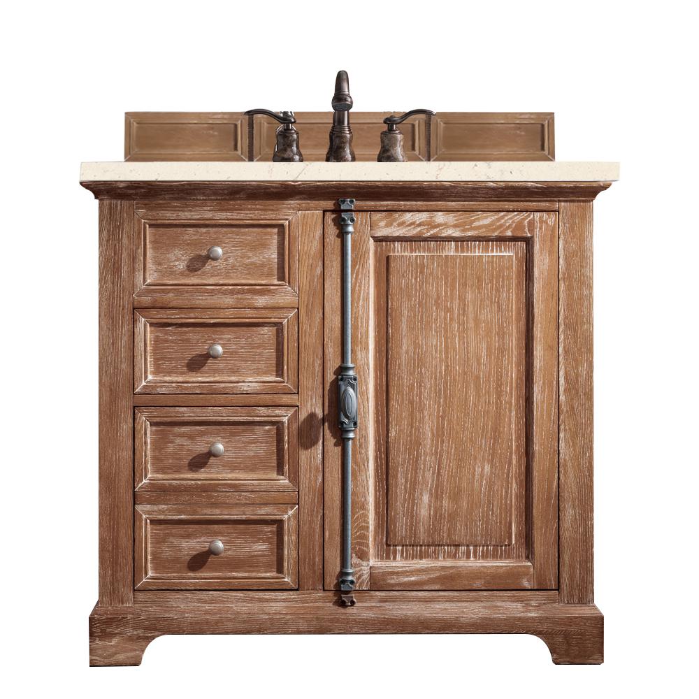 36" Single Vanity Cabinet, Driftwood, w/ 3 CM Eternal Marfil Quartz Top. Picture 1