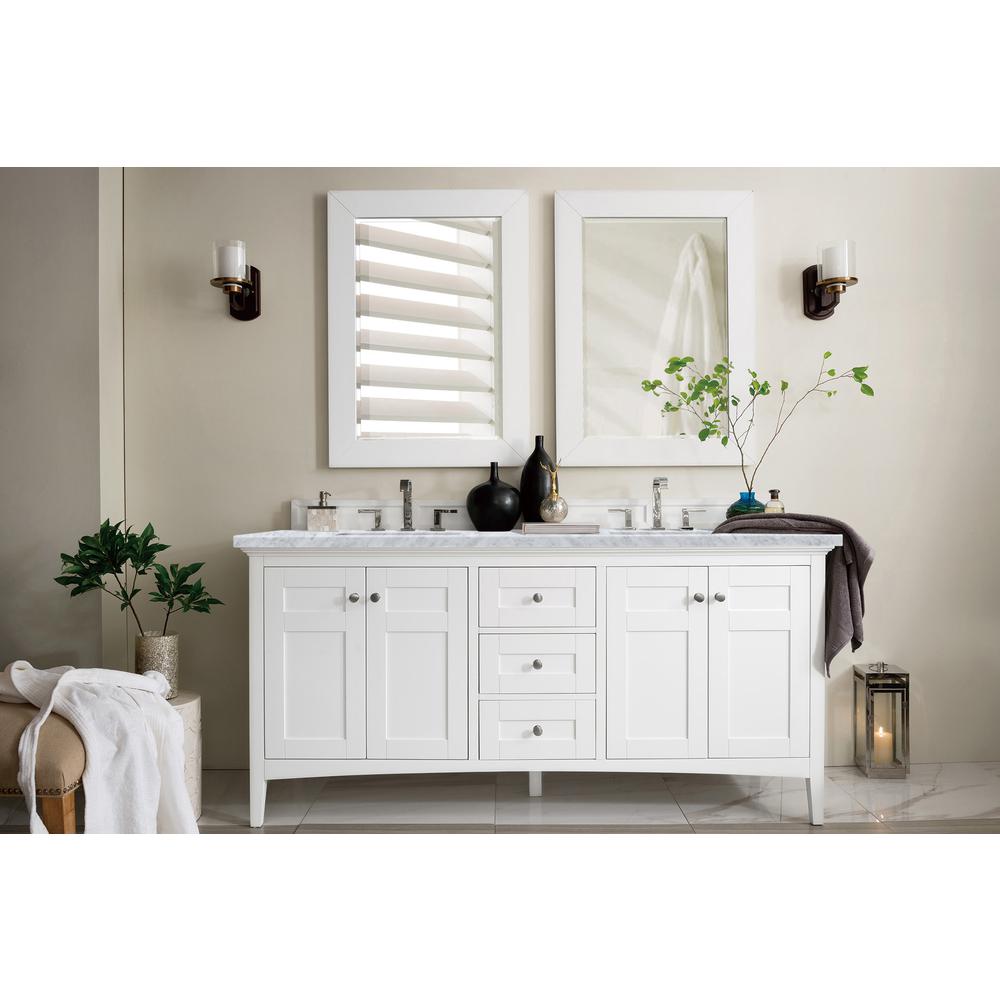 Palisades 72" Double Vanity, Bright White w/ 3 CM Carrara Marble Top. Picture 1
