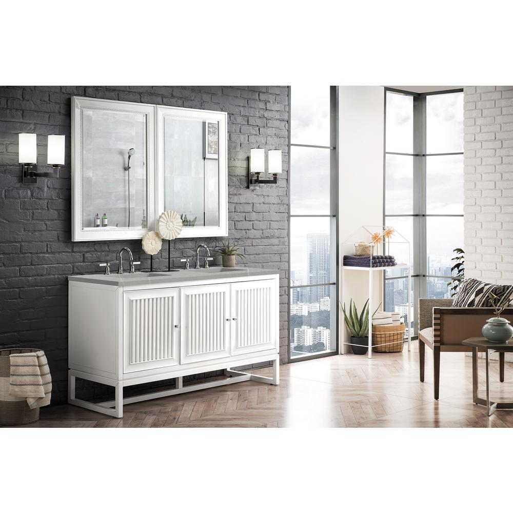 Athens 60" Double Vanity Cabinet, Glossy White, w/ 3 CM Eternal Serena Top. Picture 3