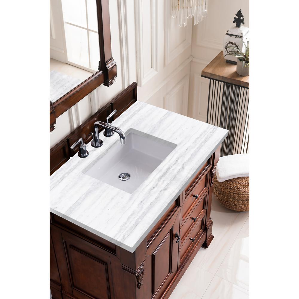 Brookfield 36" Single Vanity, Warm Cherry w/ 3 CM Arctic Fall Solid Surface Top. Picture 3