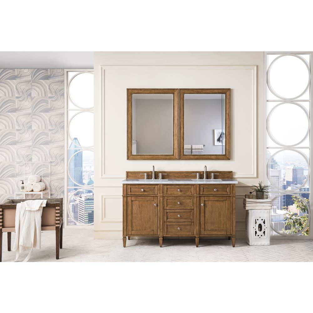 Brittany 60" Saddle Brown Double Vanity w/ 3 CM Carrara Marble Top. Picture 2