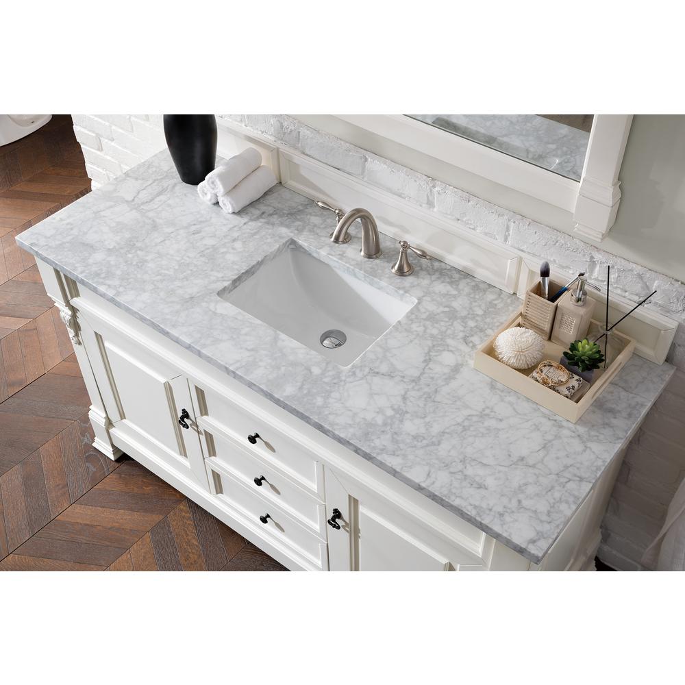 Brookfield 60" Single Vanity, Bright White w/ 3 CM Carrara Marble Top. Picture 5