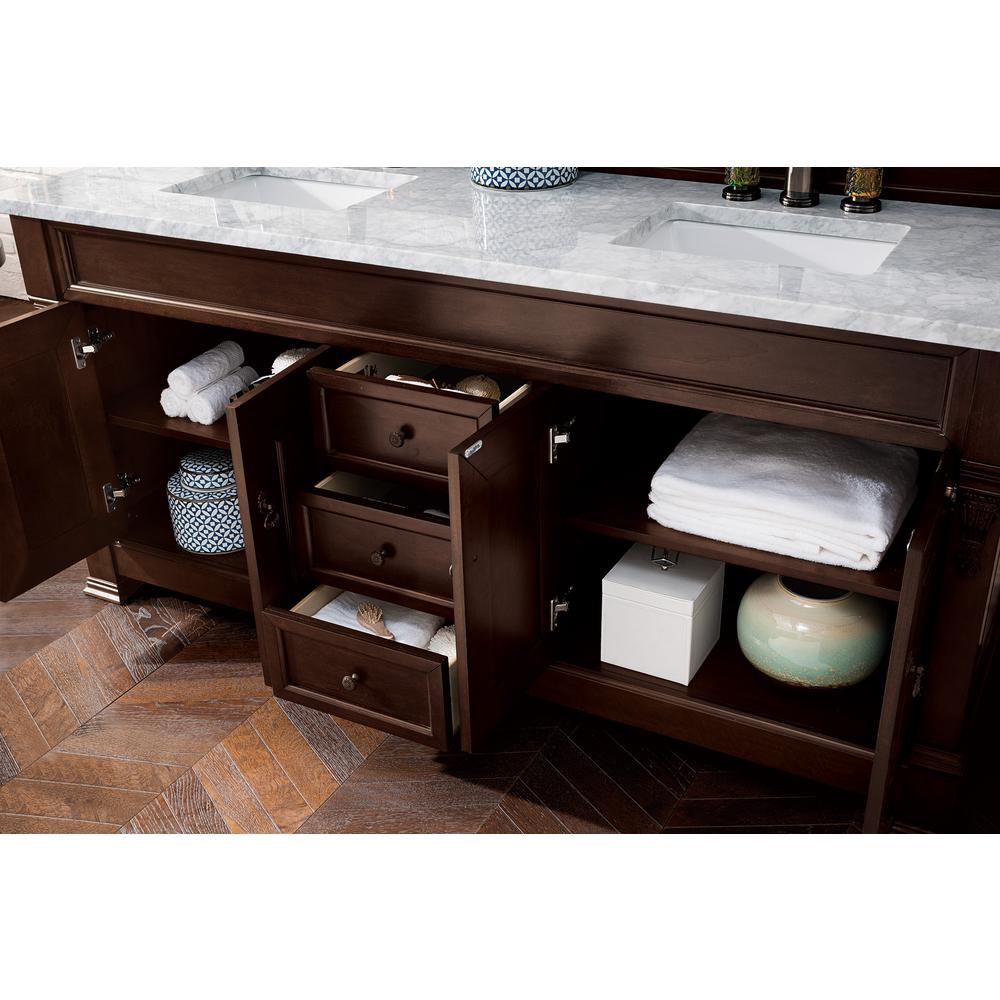 Brookfield 72" Double Vanity, Burnished Mahogany w/ 3 CM Carrara Marble Top. Picture 4