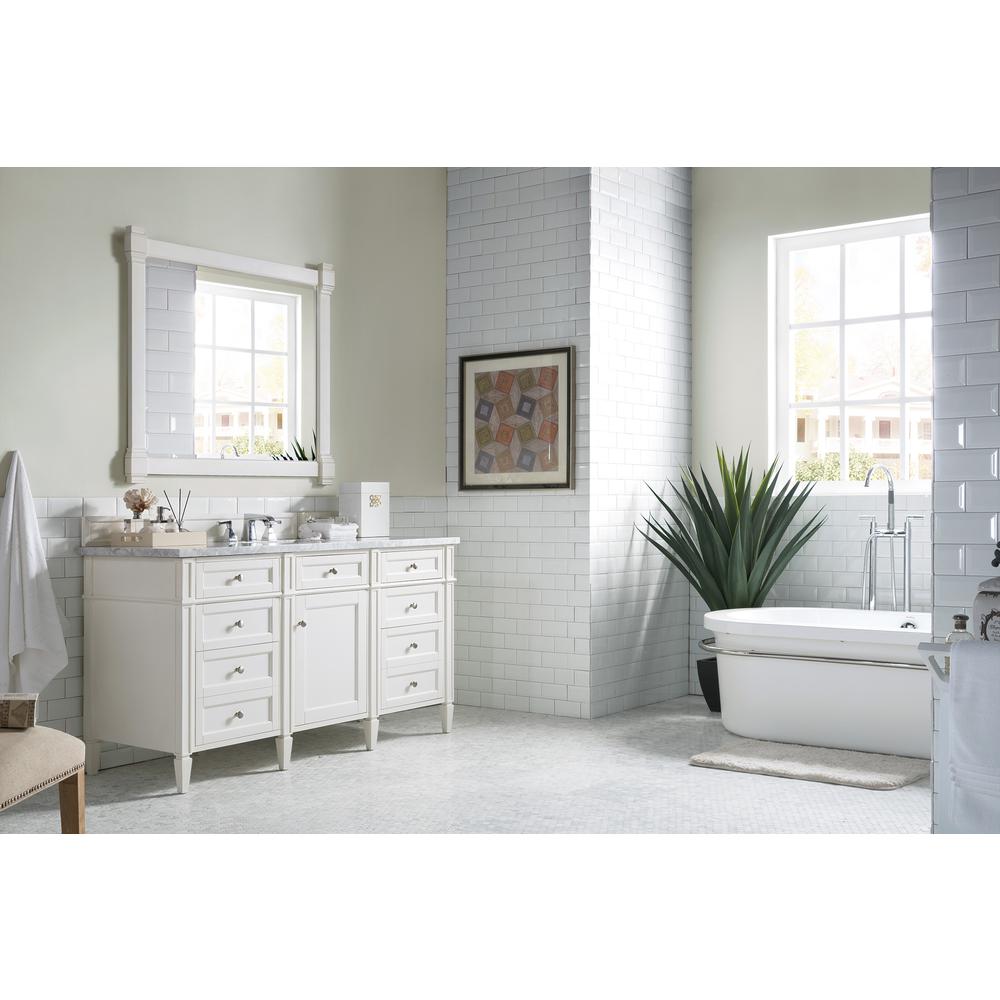 Brittany 60" Bright White Single Vanity w/ 3 CM Carrara Marble Top. Picture 3