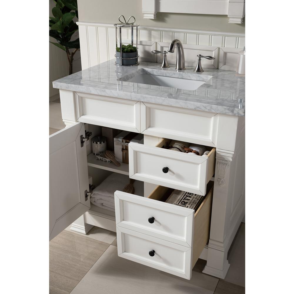 Brookfield 36" Single Vanity, Bright White w/ 3 CM Carrara Marble Top. Picture 4