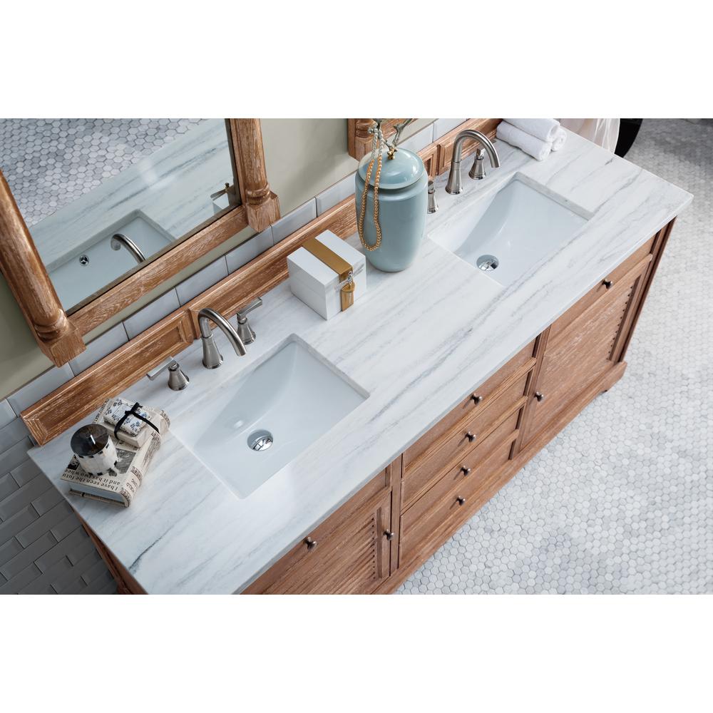 Savannah 72" Driftwood Double Vanity w/ 3 CM Arctic Fall Solid Surface Top. Picture 3