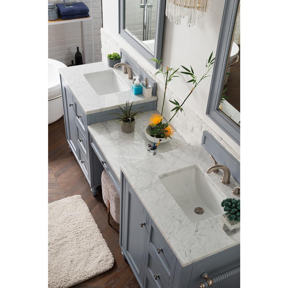 86" Double Vanity Set, Silver Gray w/ Makeup Table, 3 CM Carrara Marble Top. Picture 2