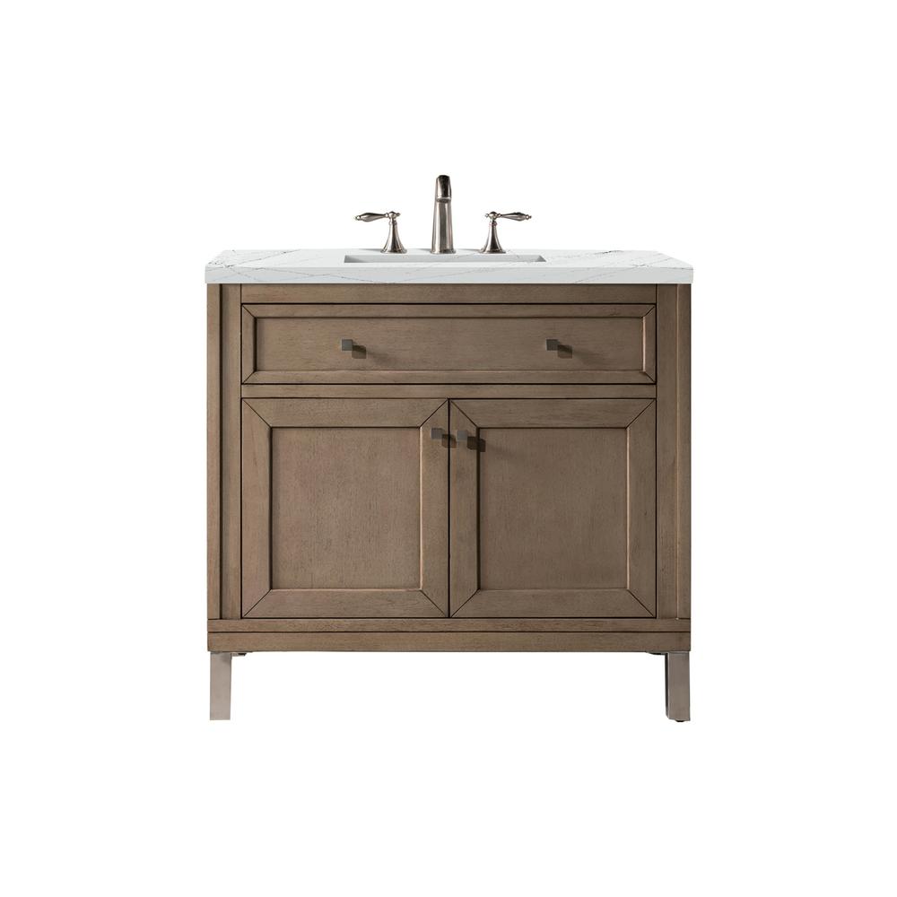 Chicago 36" Single Vanity, Whitewashed Walnut w/ 3 CM Ethereal Noctis Quartz Top. Picture 1
