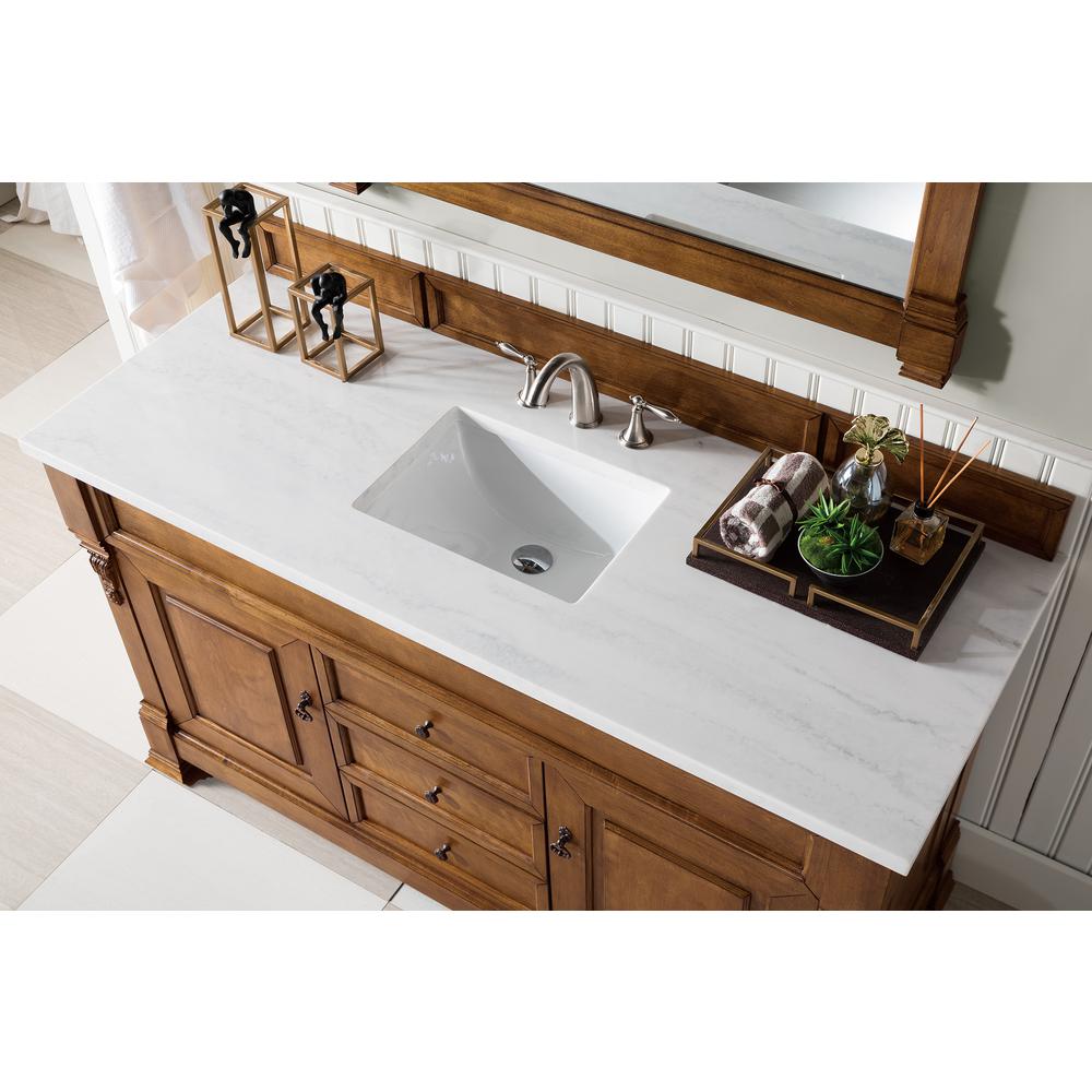 Brookfield 60" Single Vanity, Country Oak w/ 3 CM Arctic Fall Solid Surface Top. Picture 3