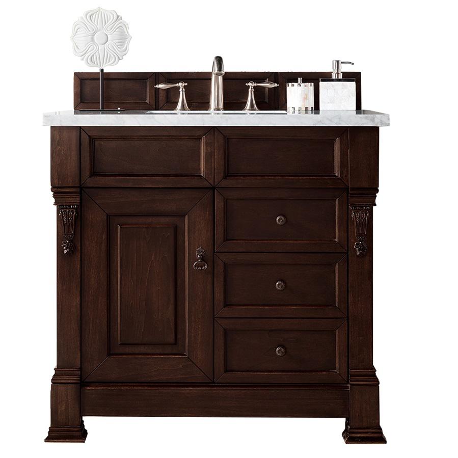 36" Single Vanity, Burnished Mahogany w/ 3 CM Arctic Fall Solid Surface Top. Picture 1