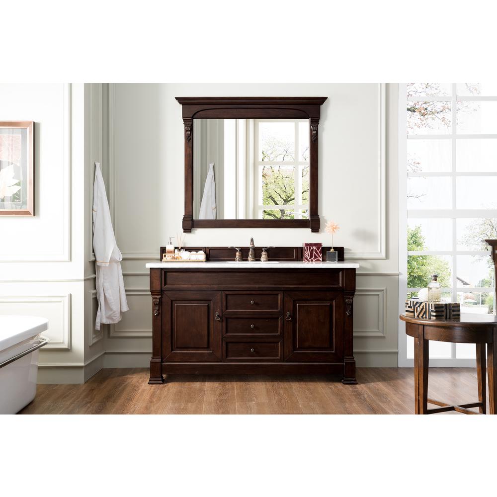 Brookfield 60" Single Vanity, Burnished Mahogany w/ 3 CM Carrara Marble Top. Picture 2