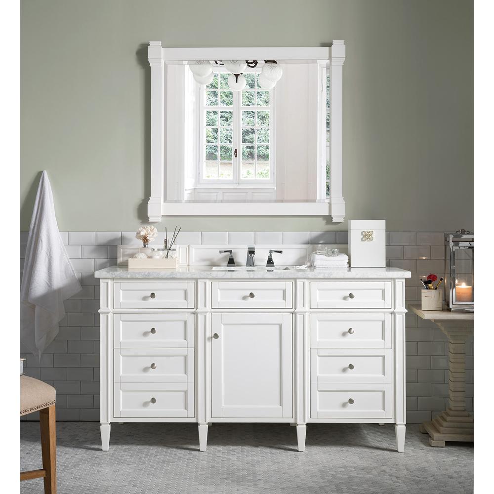 Brittany 60" Bright White Single Vanity w/ 3 CM Carrara Marble Top. Picture 2