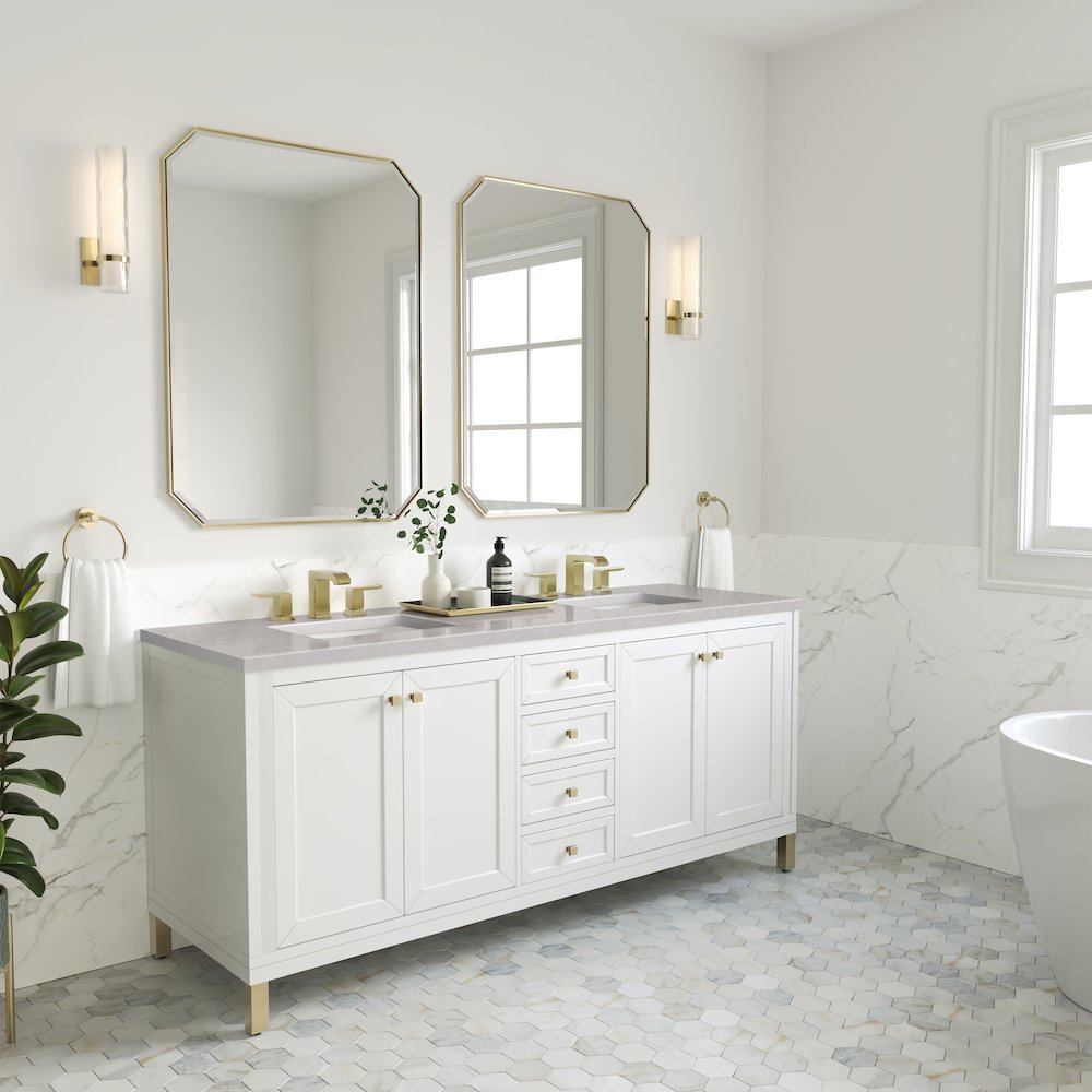 72" Double Vanity, Glossy White w/ 3 CM Eternal Serena Top. Picture 3