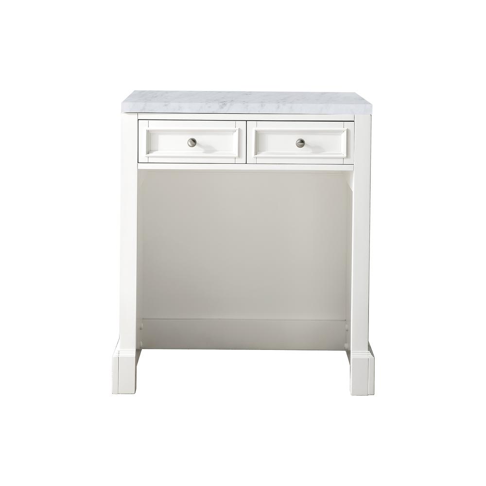 30"  Countertop  Unit (makeup counter), Bright White w/ 3 CM Carrara Marble Top. Picture 1