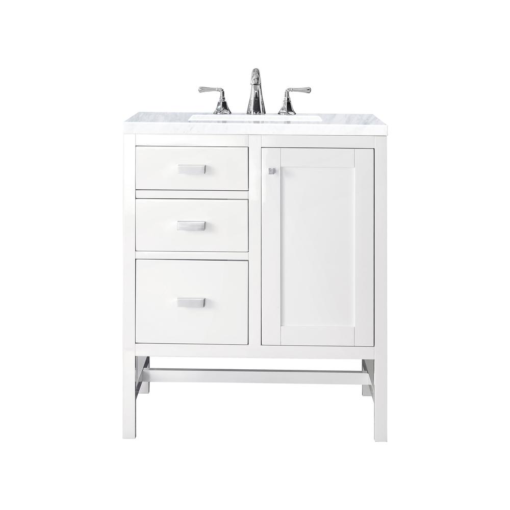 Addison 30" Single Vanity Cabinet, Glossy White, w/ 3 CM Carrara White Top. Picture 1