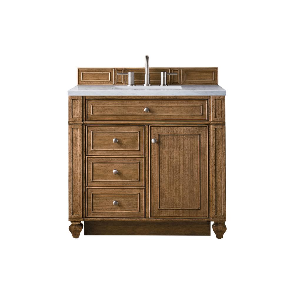 Bristol 36" Single Vanity, Saddle Brown, w/ 3 CM Arctic Fall Solid Surface Top. Picture 1