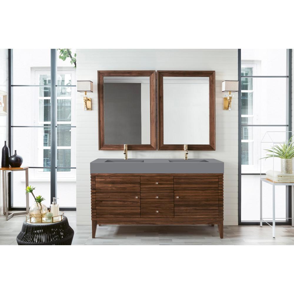 Linear 59" Double Vanity, Mid Century Walnut w/ Dusk Grey Glossy Composite Top. Picture 2