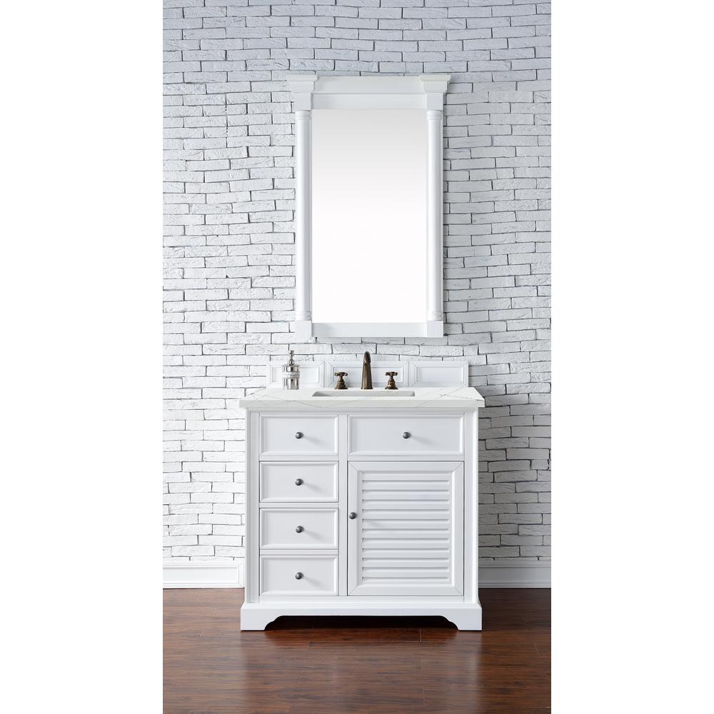 36" Single Vanity Cabinet, Bright White, w/ 3 CM Ethereal Noctis Quartz Top. Picture 2