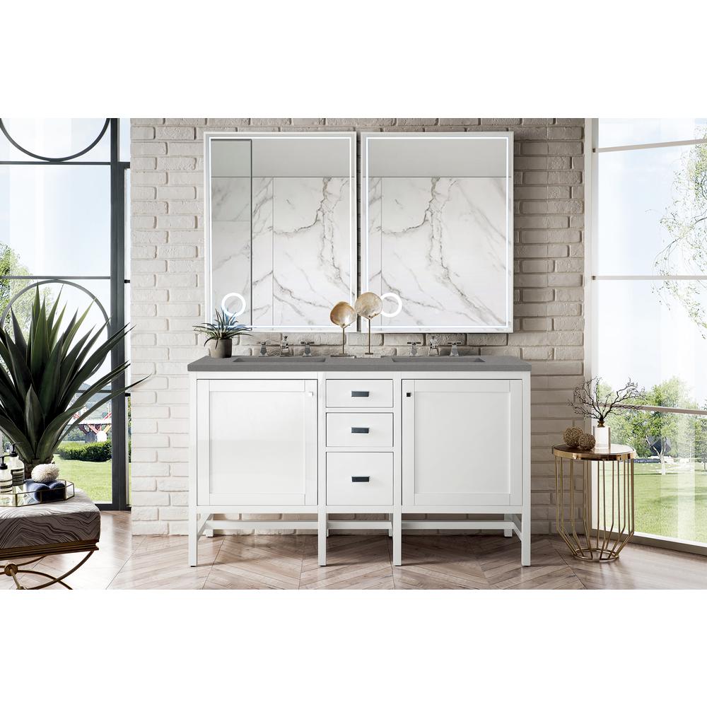 Addison 60" Double Vanity Cabinet, Glossy White, w/ 3 CM Grey Expo Quartz Top. Picture 2