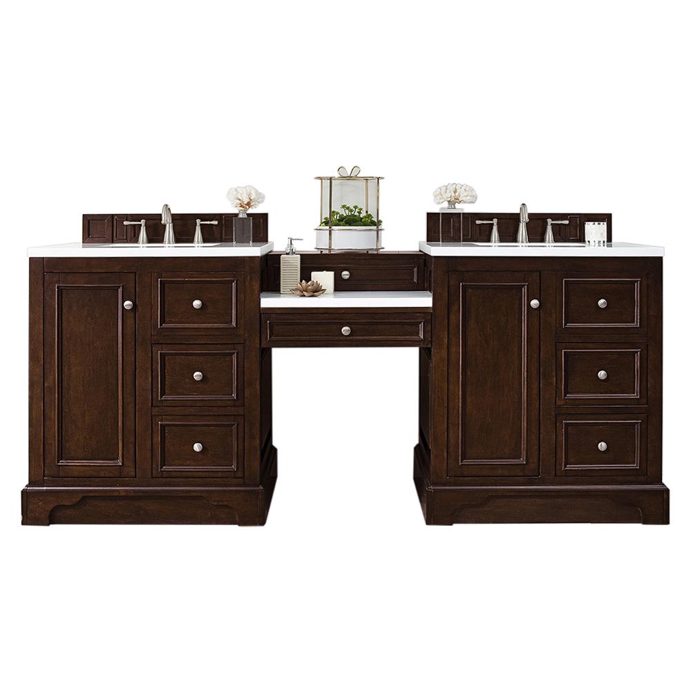 82" Double Vanity Set, Burnished Mahogany w/ Makeup Table, Solid Surface Top. Picture 1