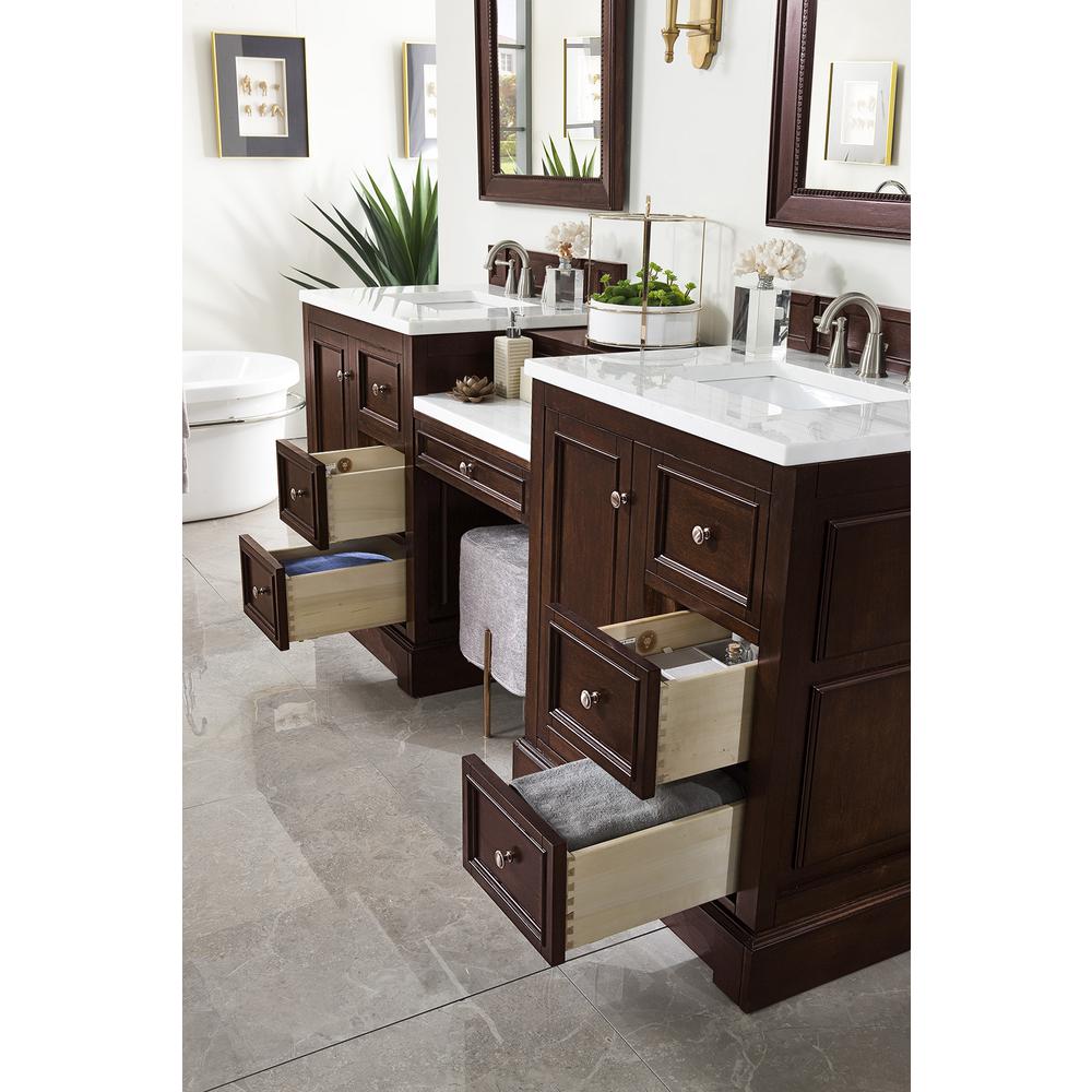 82" Double Vanity Set, Burnished Mahogany w/ Makeup Table, Solid Surface Top. Picture 10