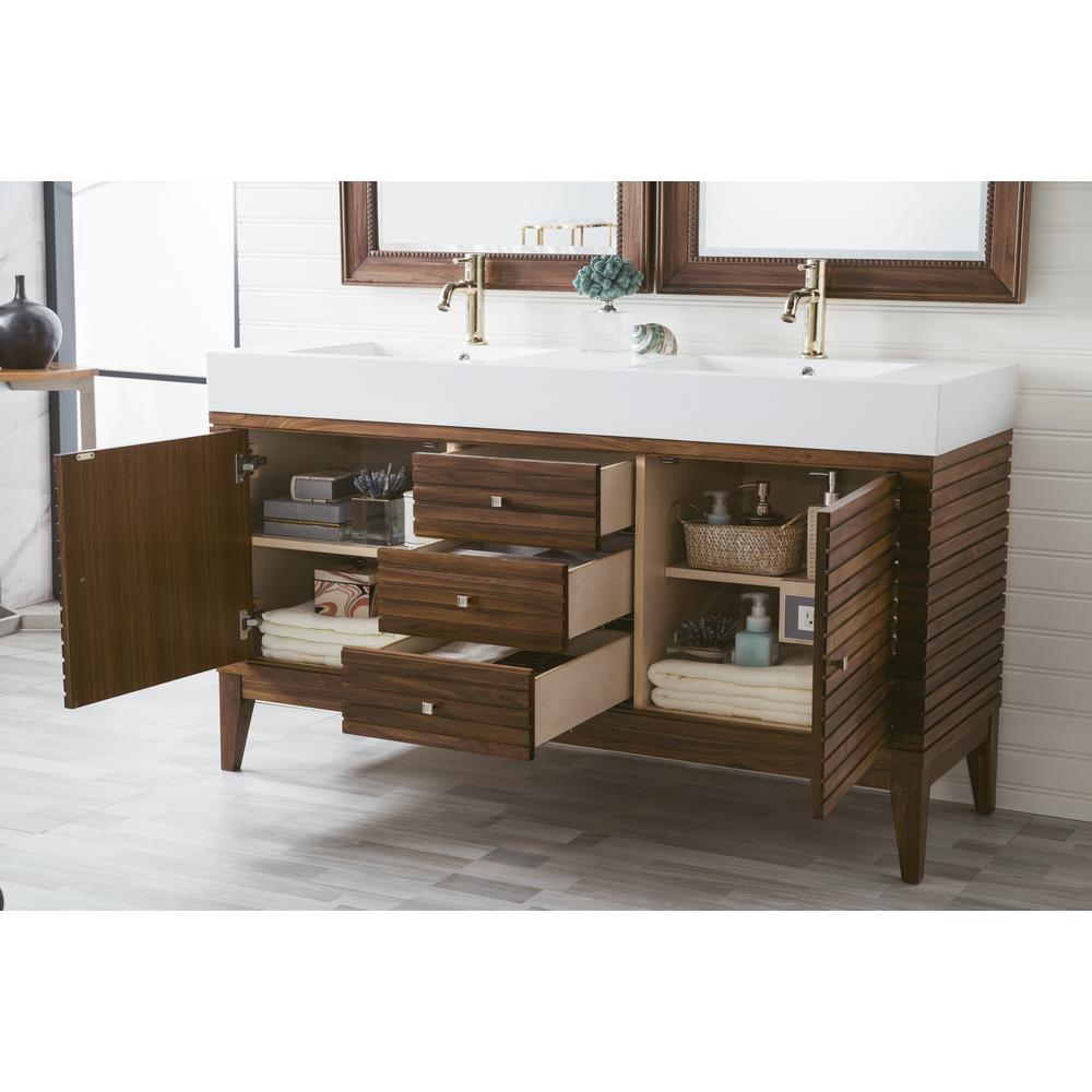 Linear 59" Double Vanity, Mid Century Walnut w/ Glossy White Composite Top. Picture 4