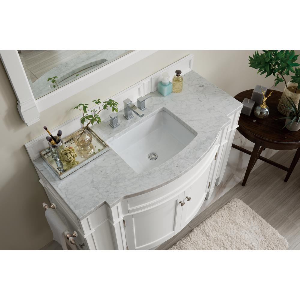 Brittany 46" Single Vanity, Bright White w/ 3 CM Carrara Marble Top. Picture 5