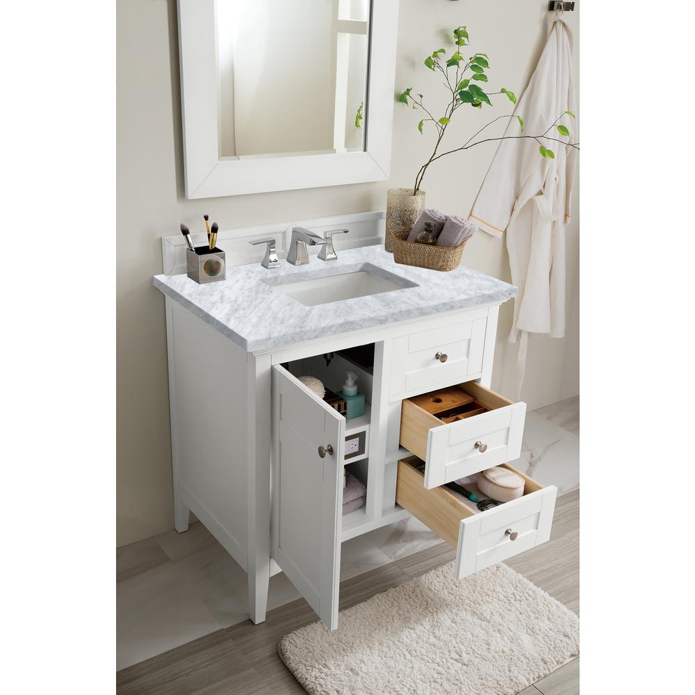Palisades 36" Single Vanity, Bright White w/ 3 CM Carrara Marble Top. Picture 3