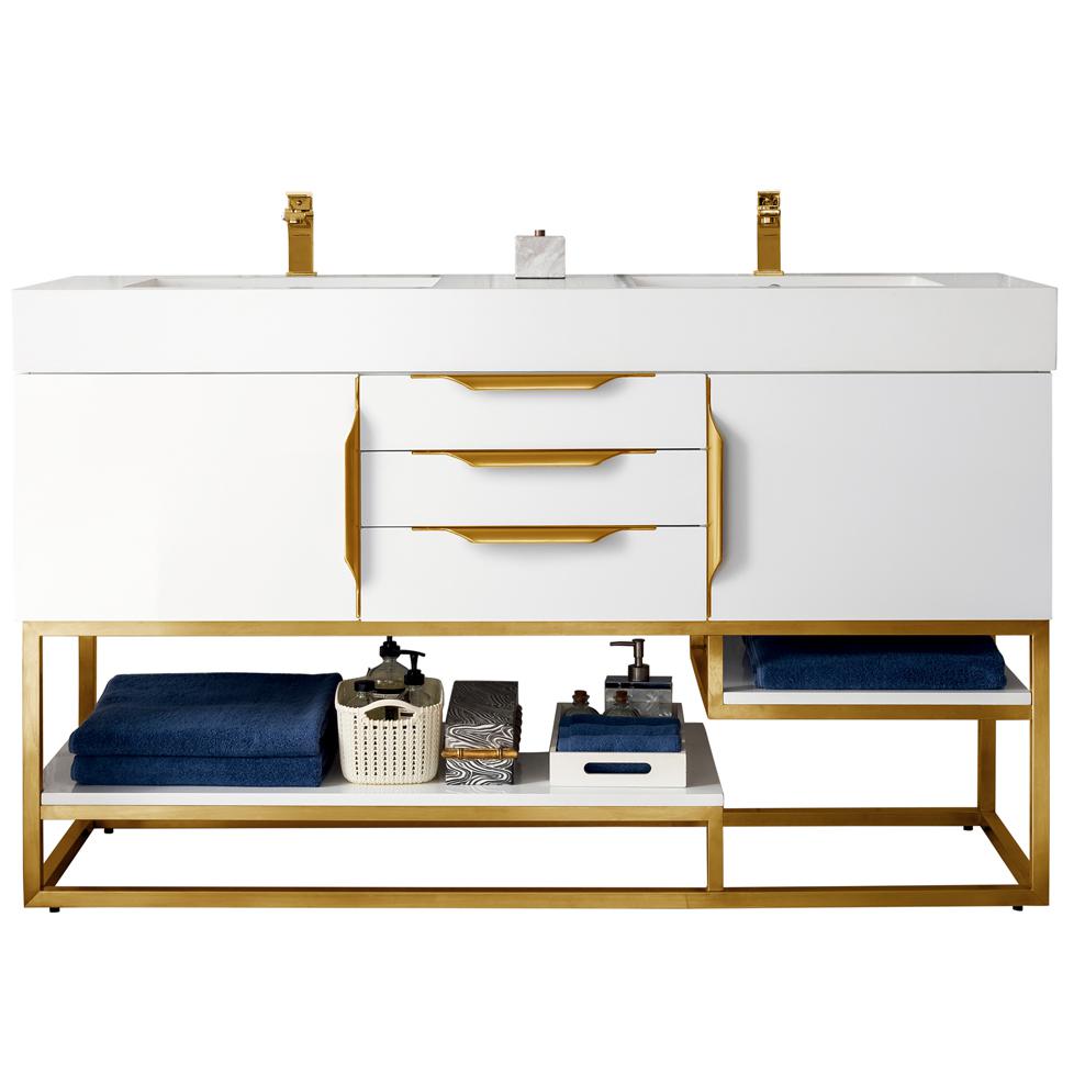 Columbia 59" Double Vanity, Glossy White, Radiant Gold. Picture 1