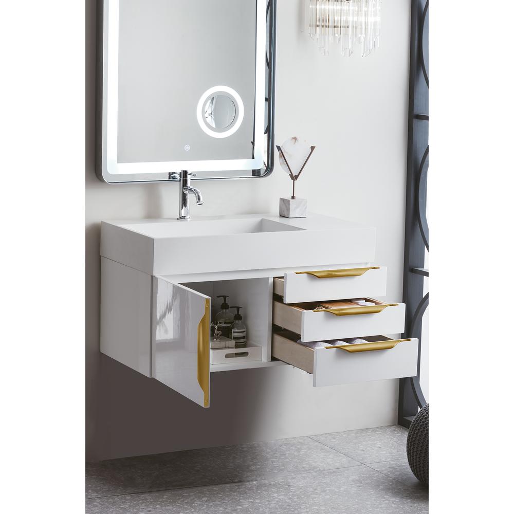 36" Single Vanity, Glossy White, Radiant Gold w/ Glossy White Composite Top. Picture 4