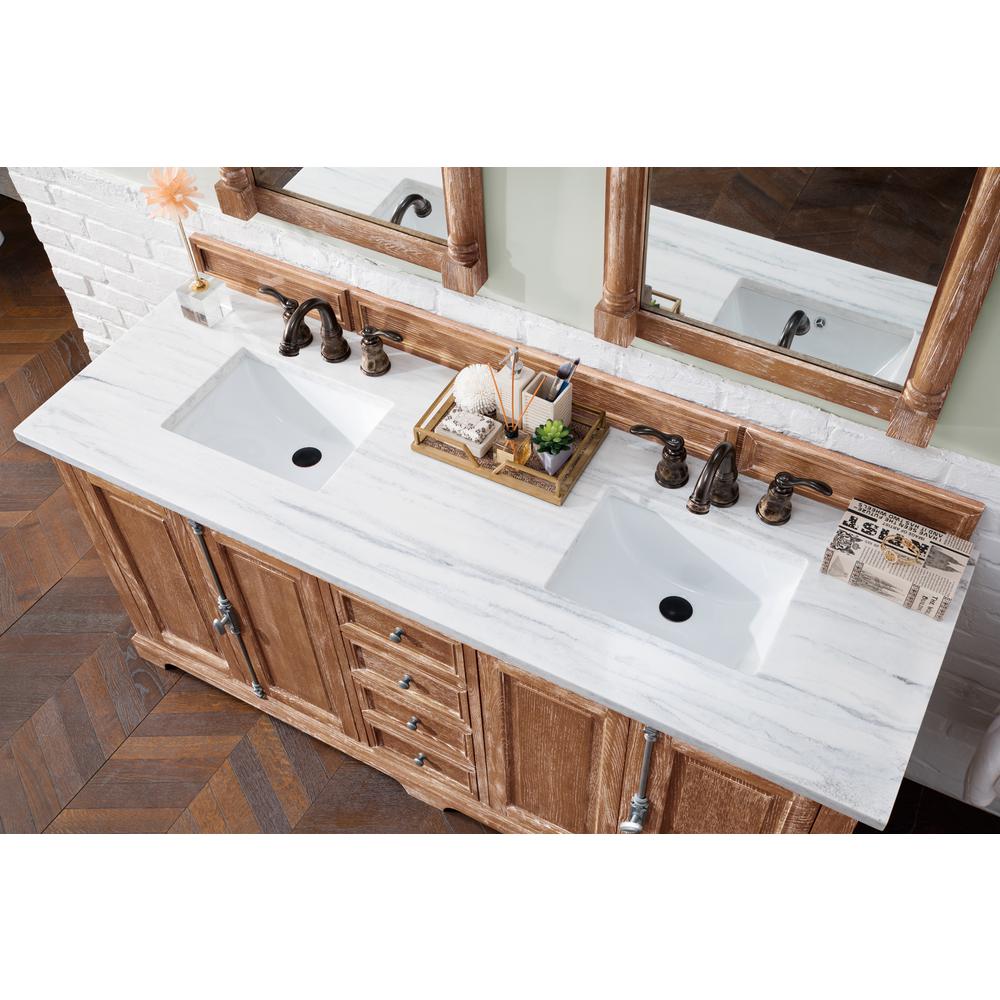 Providence 72" Driftwood Double Vanity w/ 3 CM Arctic Fall Solid Surface Top. Picture 3